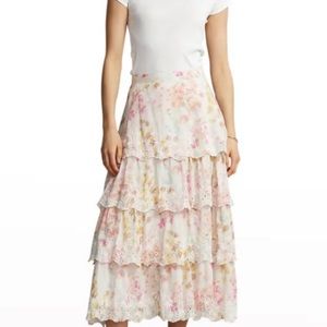 Polo Ralph Lauren pink eyelet tiered scallop cotton Skirt size 0 white yellow
